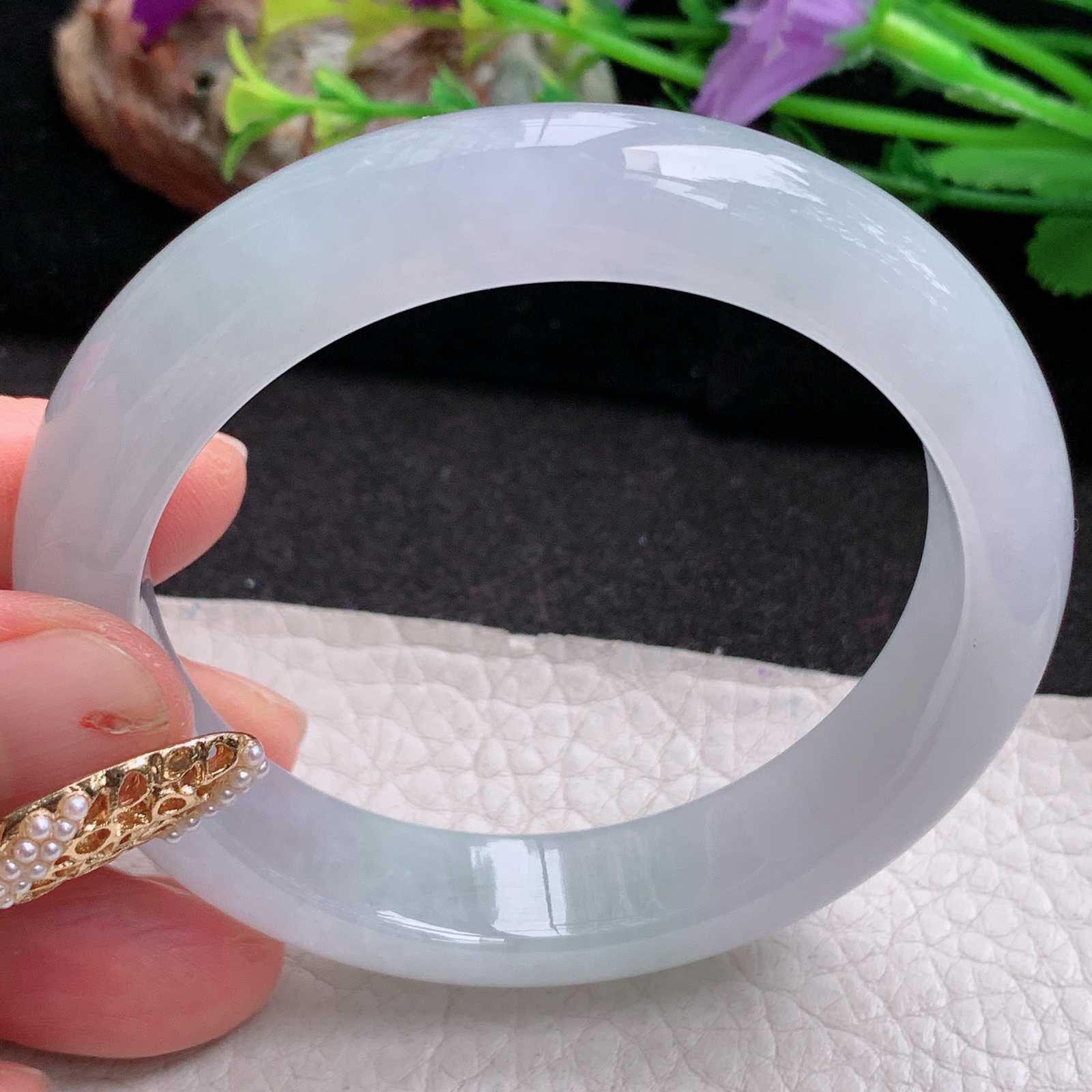 r冰纯款55*12.8*9平安镯 天然缅甸翡翠a货手镯冰润白月光正圈玉镯子