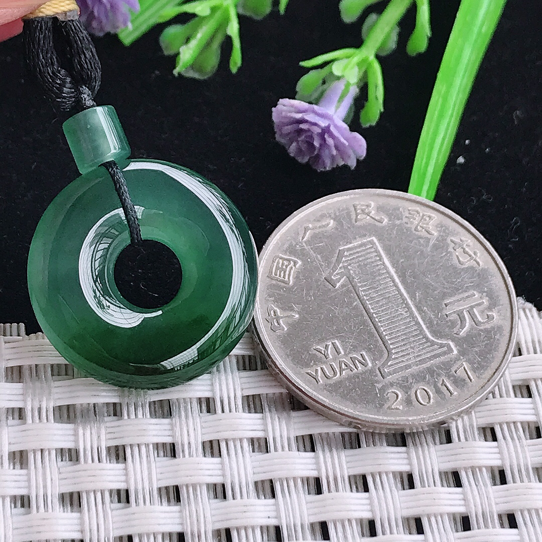 实拍天然a货翡翠28.6/4.5老坑冰胶果冻满色蓝韵平安扣吊坠翡翠玉坠挂件