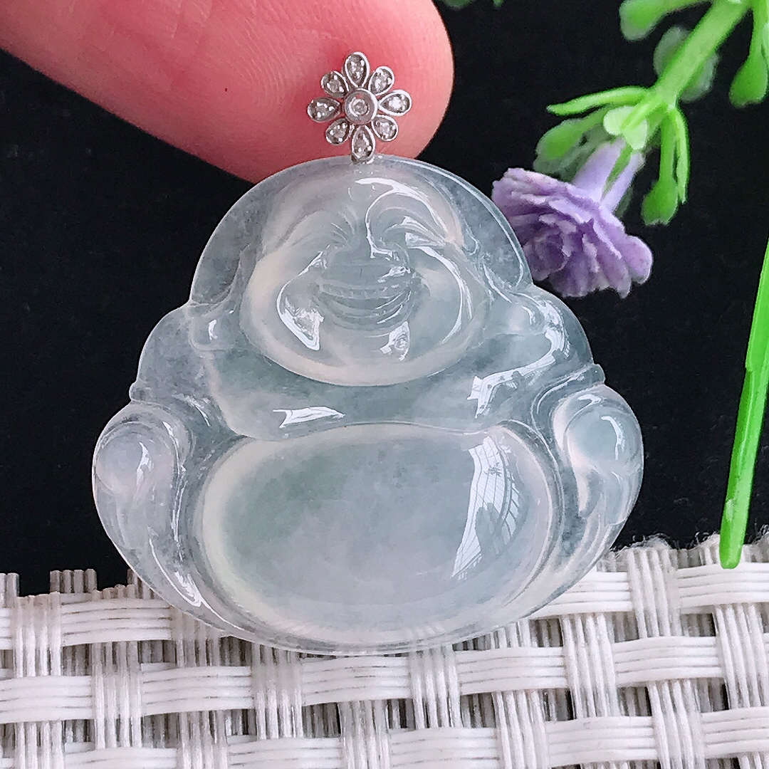 实拍天然a货翡翠26.3/29/5.9老坑18k金镶嵌白冰种佛公吊坠翡翠玉坠挂件