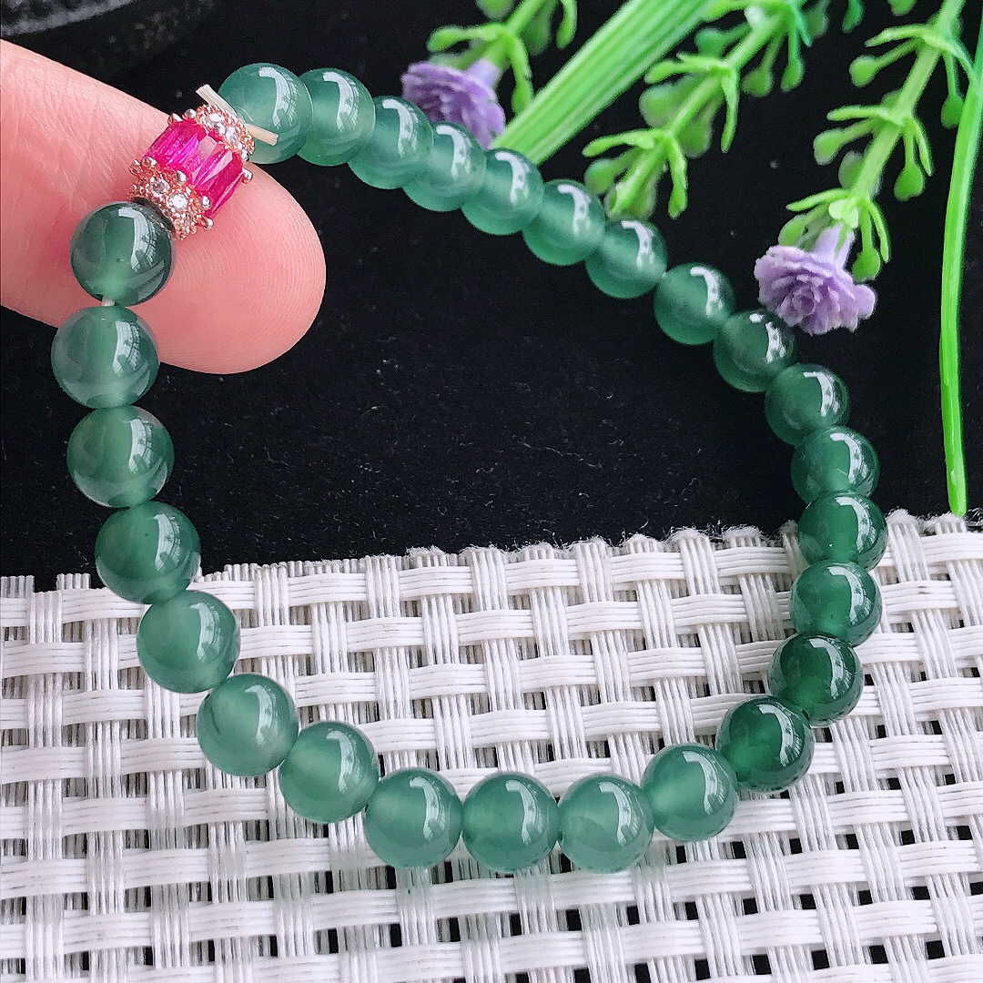 自然光7/26颗老坑冰胶果冻冰蓝圆珠手链翡翠珠链手串百搭