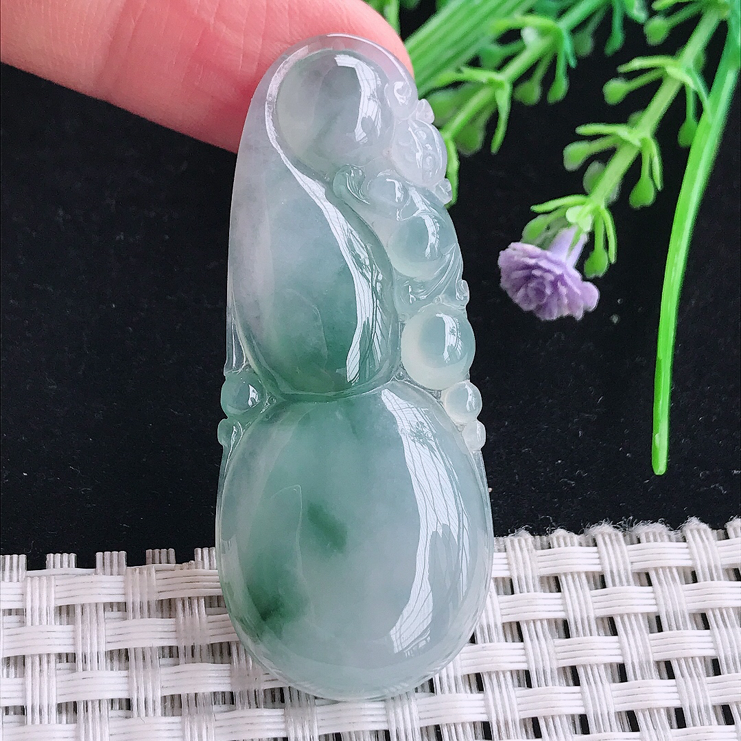 实拍a货翡翠54.7/23/6.3老坑冰胶飘花葫芦吊坠翡翠玉坠挂件