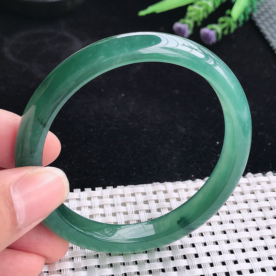 实拍A货翡翠59/10.1/7.8老坑冰透起胶满色蓝韵手镯宽边玉镯平安镯