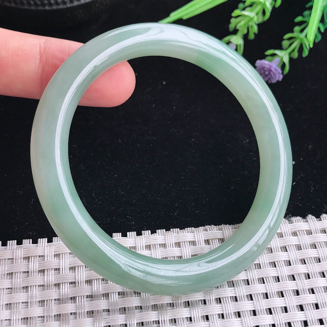 实拍A货翡翠54.5/8.6/9老坑冰润起胶冰晴圆条手镯翡翠玉镯平安镯