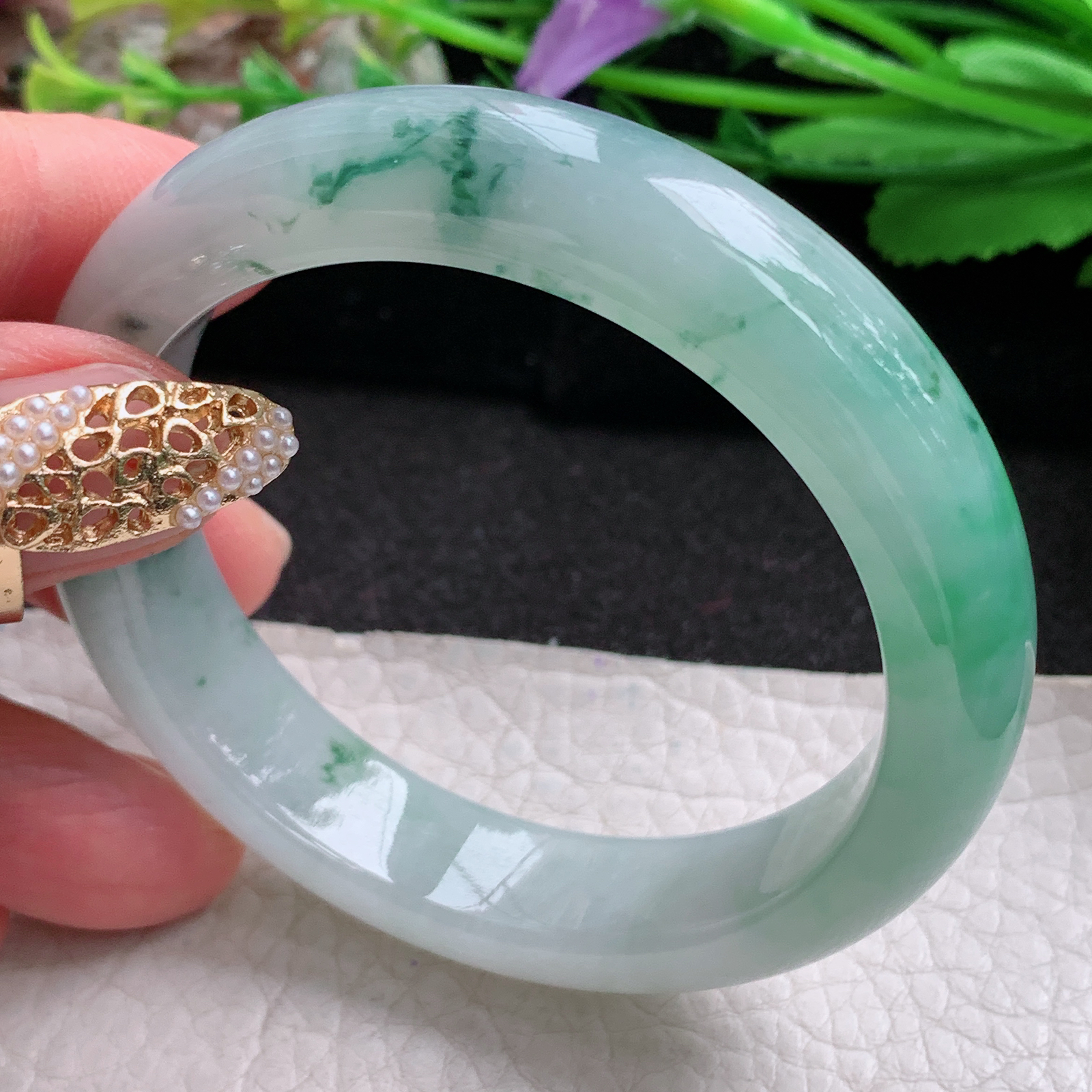 yh小圈口52*12.5*8平安镯 天然缅甸翡翠a货手镯冰润飘绿正圈玉镯子