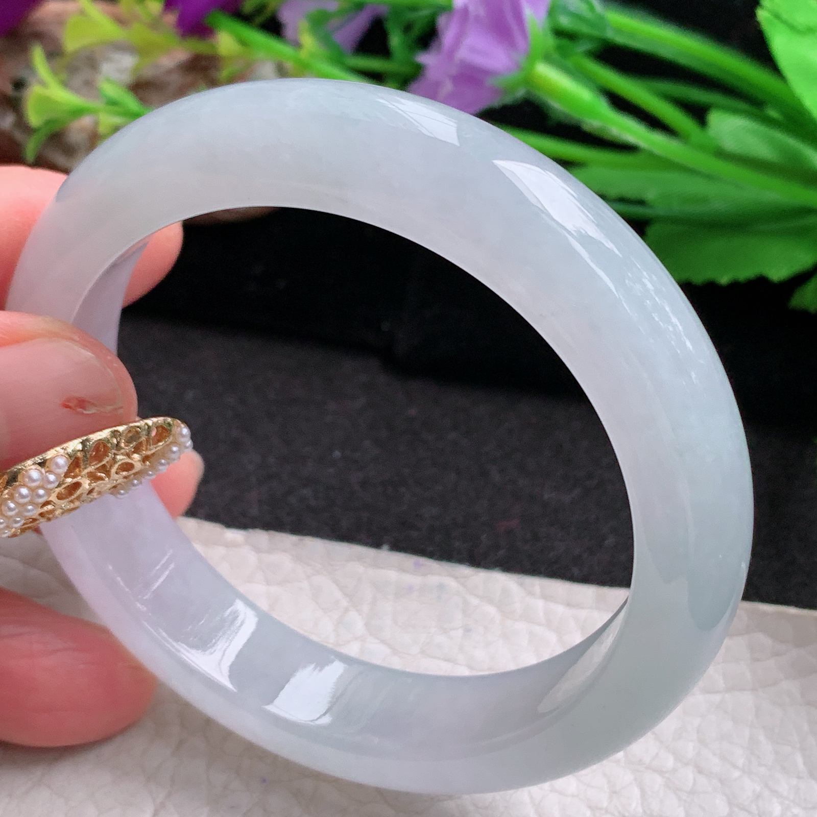 r冰纯款55*12.8*9平安镯 天然缅甸翡翠a货手镯冰润白月光正圈玉镯子