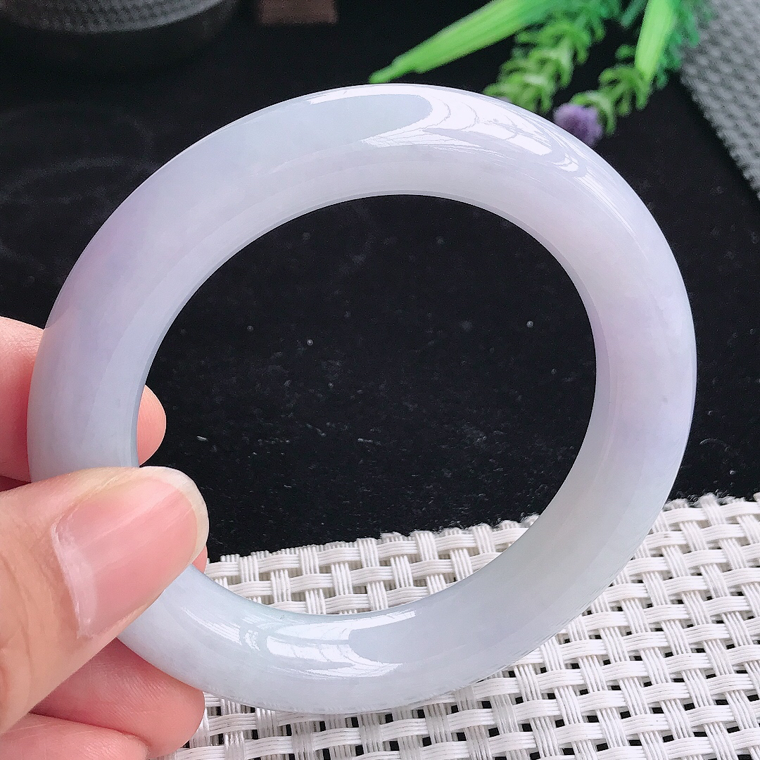 实拍A货翡翠54.5/12/11.6老坑精美温润紫罗兰圆条手镯翡翠玉镯平安镯
