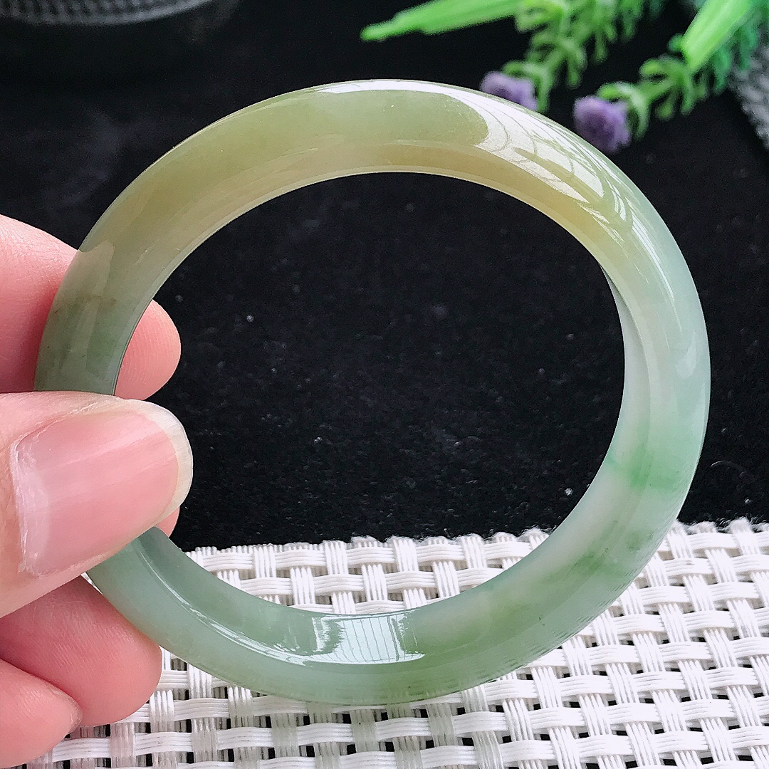 实拍A货翡翠52/11.2/7.5老坑冰胶果冻飘花黄翡手镯宽边玉镯平安镯