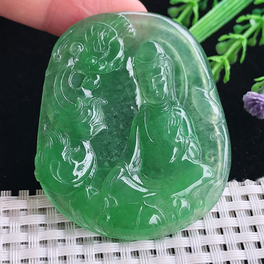 实拍a货翡翠55/46.5/5老坑冰透冰阳绿满绿观音菩萨吊坠翡翠玉坠挂件