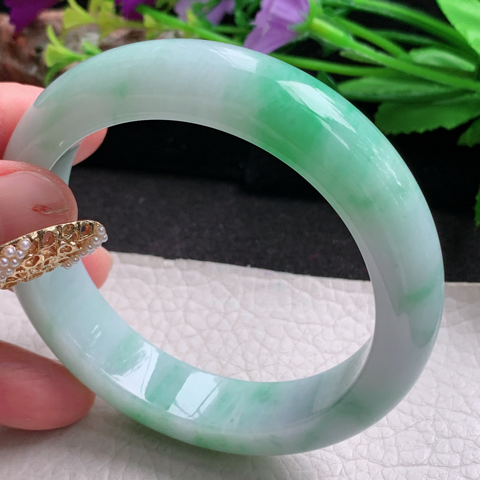 xc实拍57*14*10平安镯 天然缅甸翡翠a货手镯水润飘绿厚装玉镯子