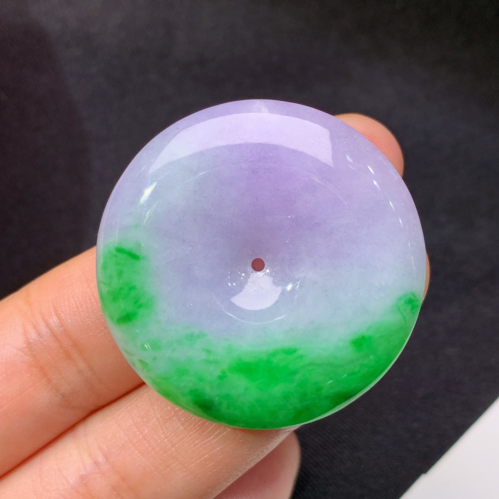 紫飘绿平安扣，冰润鲜艳，玉质细腻，种水足，Be 尺寸33.3*5.7