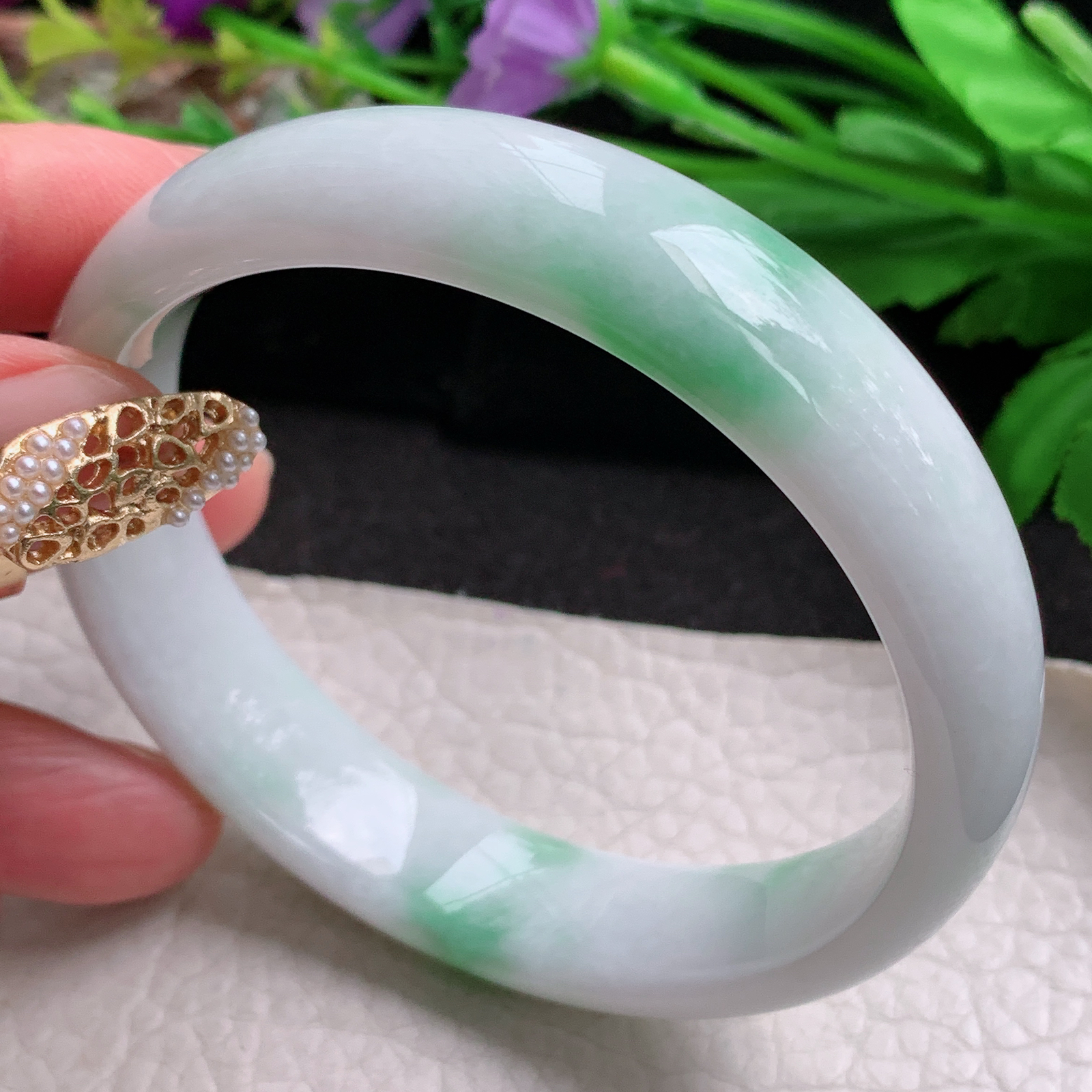 ee大圈口60*14.3*7平安镯 天然缅甸翡翠a货手镯飘绿大气正圈玉镯子