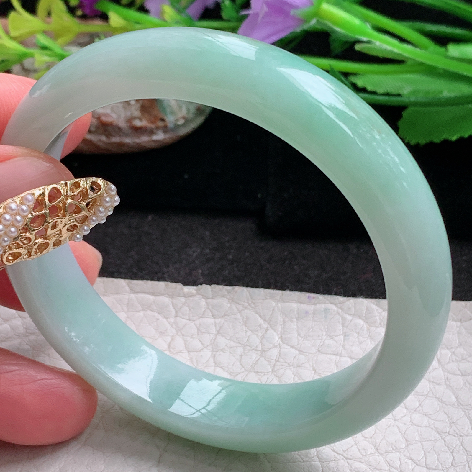 nr实拍54*12*7.3平安镯 天然缅甸翡翠a货手镯飘绿水润正圈玉镯子