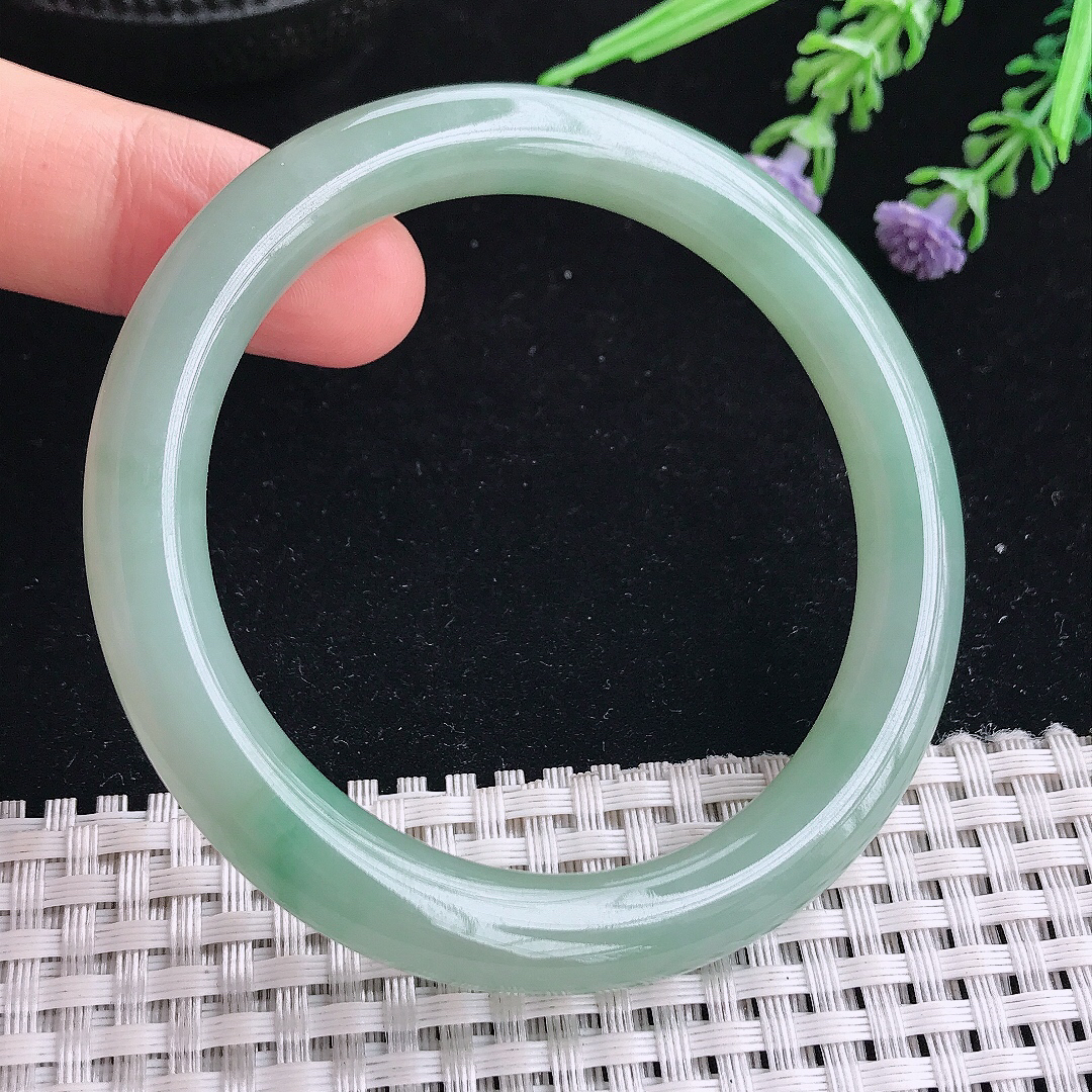 实拍A货翡翠54.5/8.6/9老坑冰润起胶冰晴圆条手镯翡翠玉镯平安镯