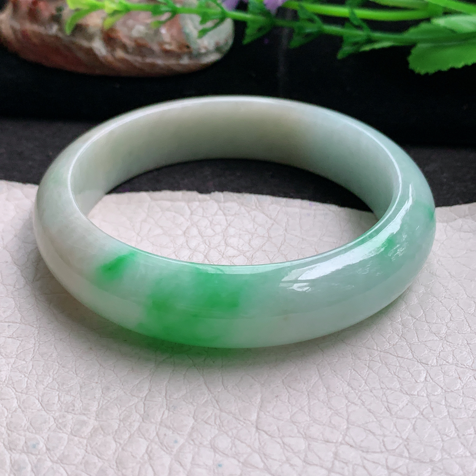 fx实拍55.8*14*8平安镯 天然缅甸翡翠a货手镯飘绿大气正圈玉镯子