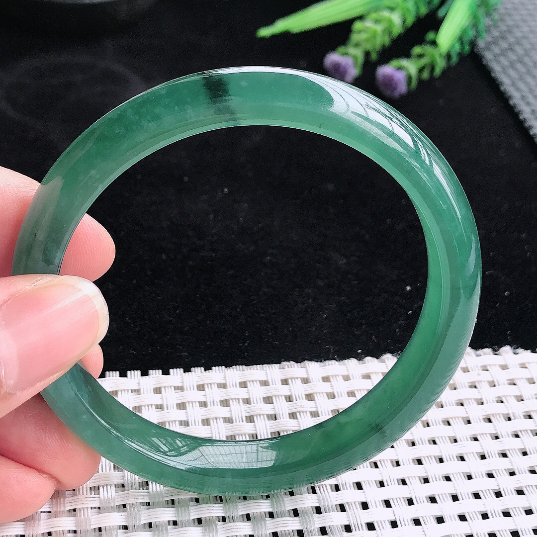 实拍A货翡翠59/10.1/7.8老坑冰透起胶满色蓝韵手镯宽边玉镯平安镯