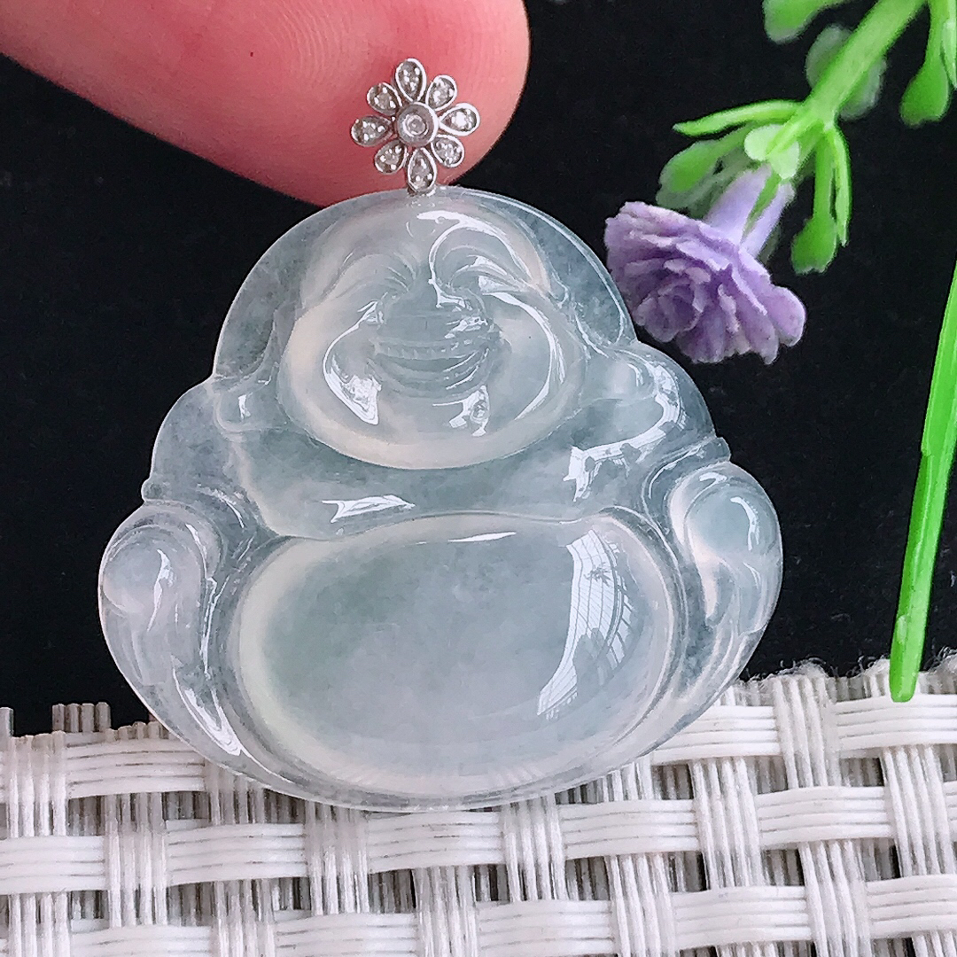 实拍天然a货翡翠26.3/29/5.9老坑18k金镶嵌白冰种佛公吊坠翡翠玉坠挂件