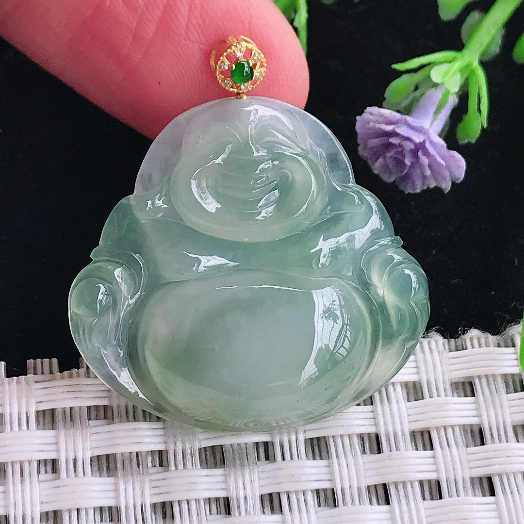 实拍a货翡翠26.2/28.3/5.3老坑18k金镶嵌冰晴绿佛公吊坠翡翠玉坠挂件
