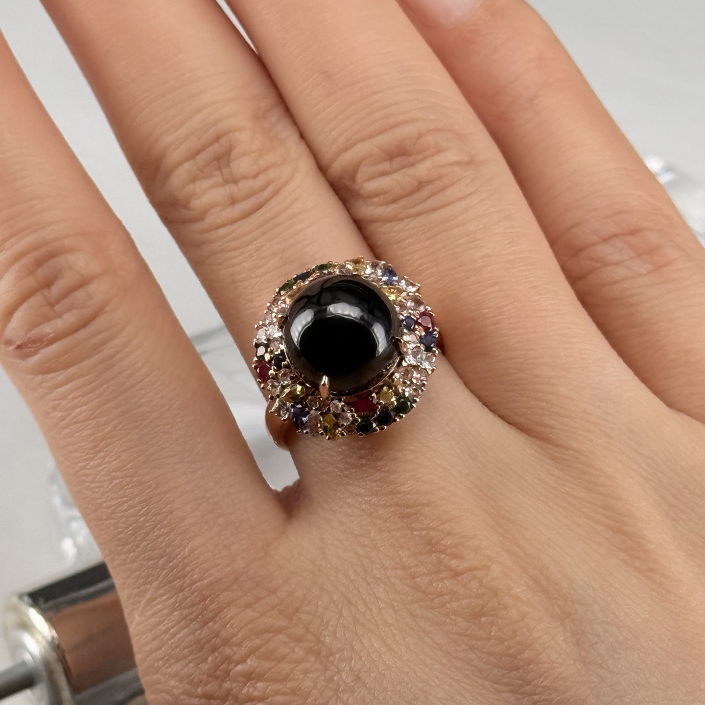 精品豪镶墨翠正圆女戒 种好色正 黑度极好 打灯通透 油性十足  尺寸11.1