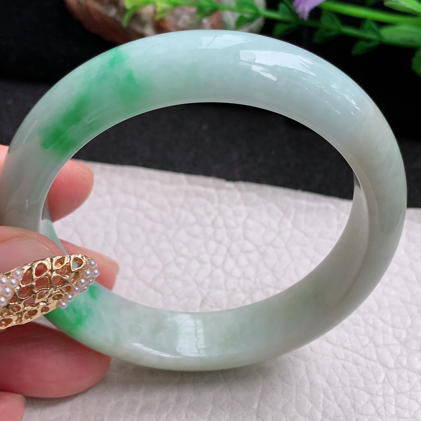 fx实拍55.8*14*8平安镯 天然缅甸翡翠a货手镯飘绿大气正圈玉镯子