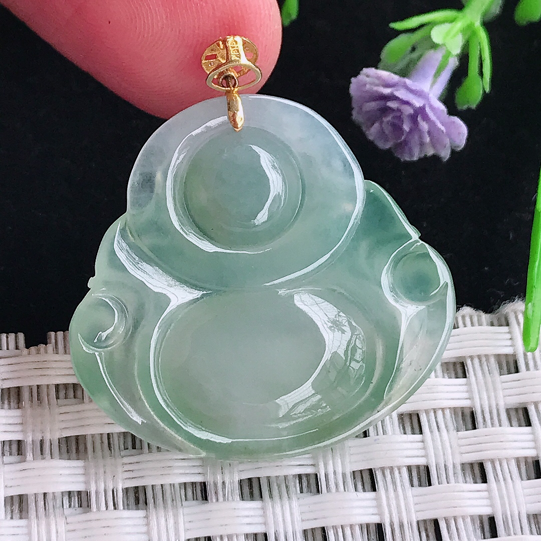 实拍a货翡翠26.2/28.3/5.3老坑18k金镶嵌冰晴绿佛公吊坠翡翠玉坠挂件