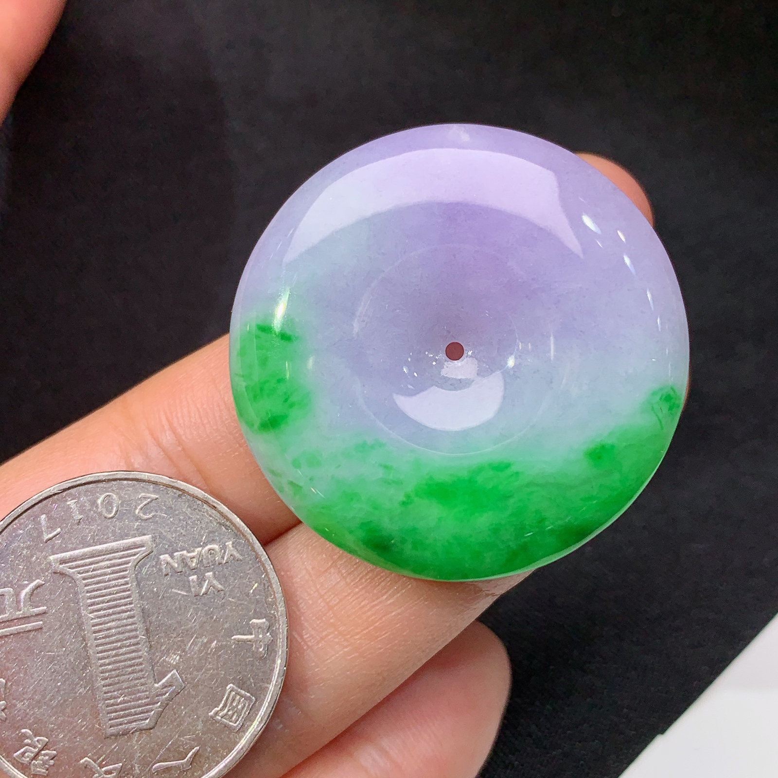 紫飘绿平安扣，冰润鲜艳，玉质细腻，种水足，Be 尺寸33.3*5.7