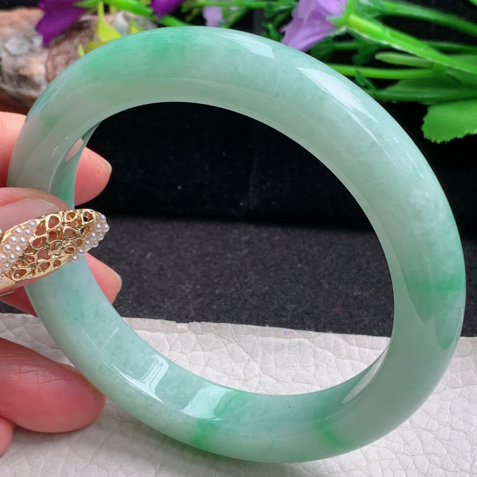 nr大圈口61.5*12.2*10平安镯 天然缅甸翡翠a货手镯飘绿水润大气玉镯子