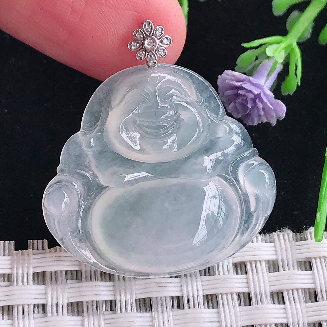 实拍天然a货翡翠26.3/29/5.9老坑18k金镶嵌白冰种佛公吊坠翡翠玉坠挂件