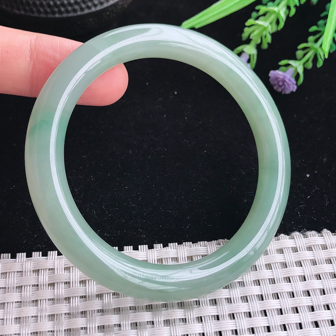 实拍A货翡翠54.5/8.6/9老坑冰润起胶冰晴圆条手镯翡翠玉镯平安镯