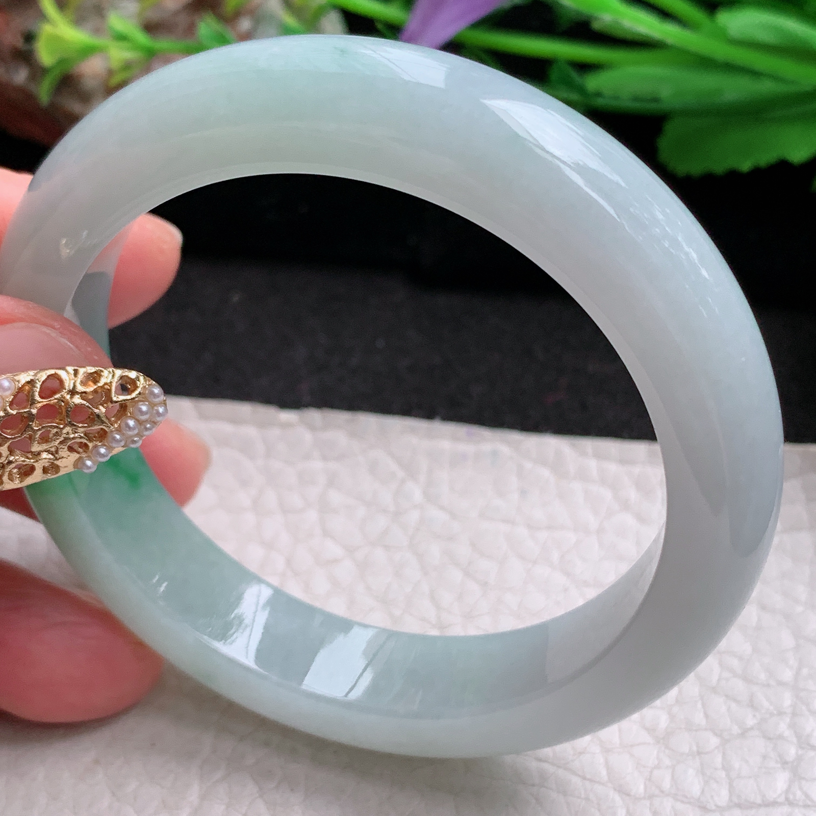 fx实拍53.5*12*8.5平安镯 天然缅甸翡翠a货手镯白底青飘绿正圈玉镯子