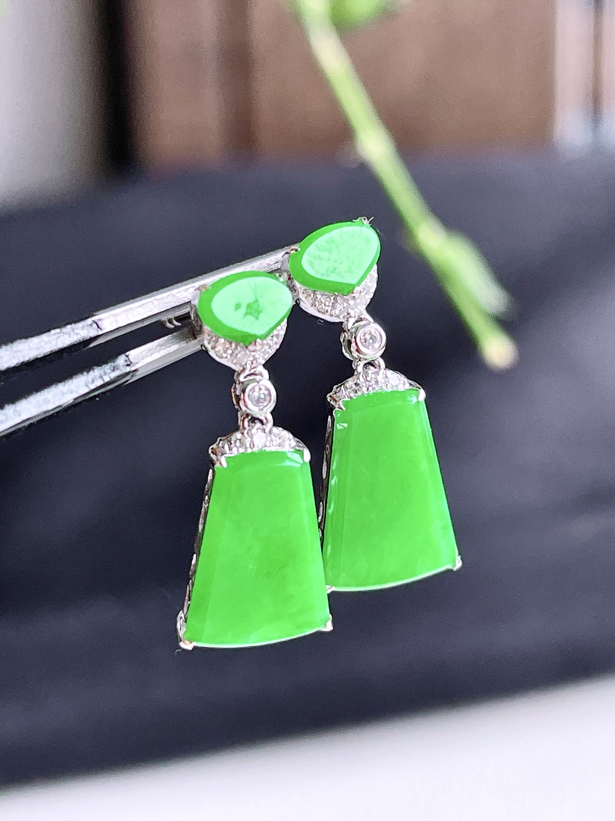 【镶嵌】冰阳绿无事牌耳坠
【说明】缅料 18k金镶嵌 性价比高  
【整体】17-7.2-2.6
