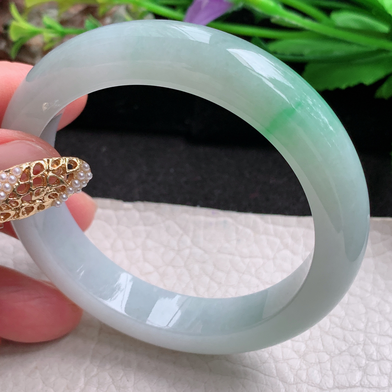 fx实拍53.5*12*8.5平安镯 天然缅甸翡翠a货手镯白底青飘绿正圈玉镯子