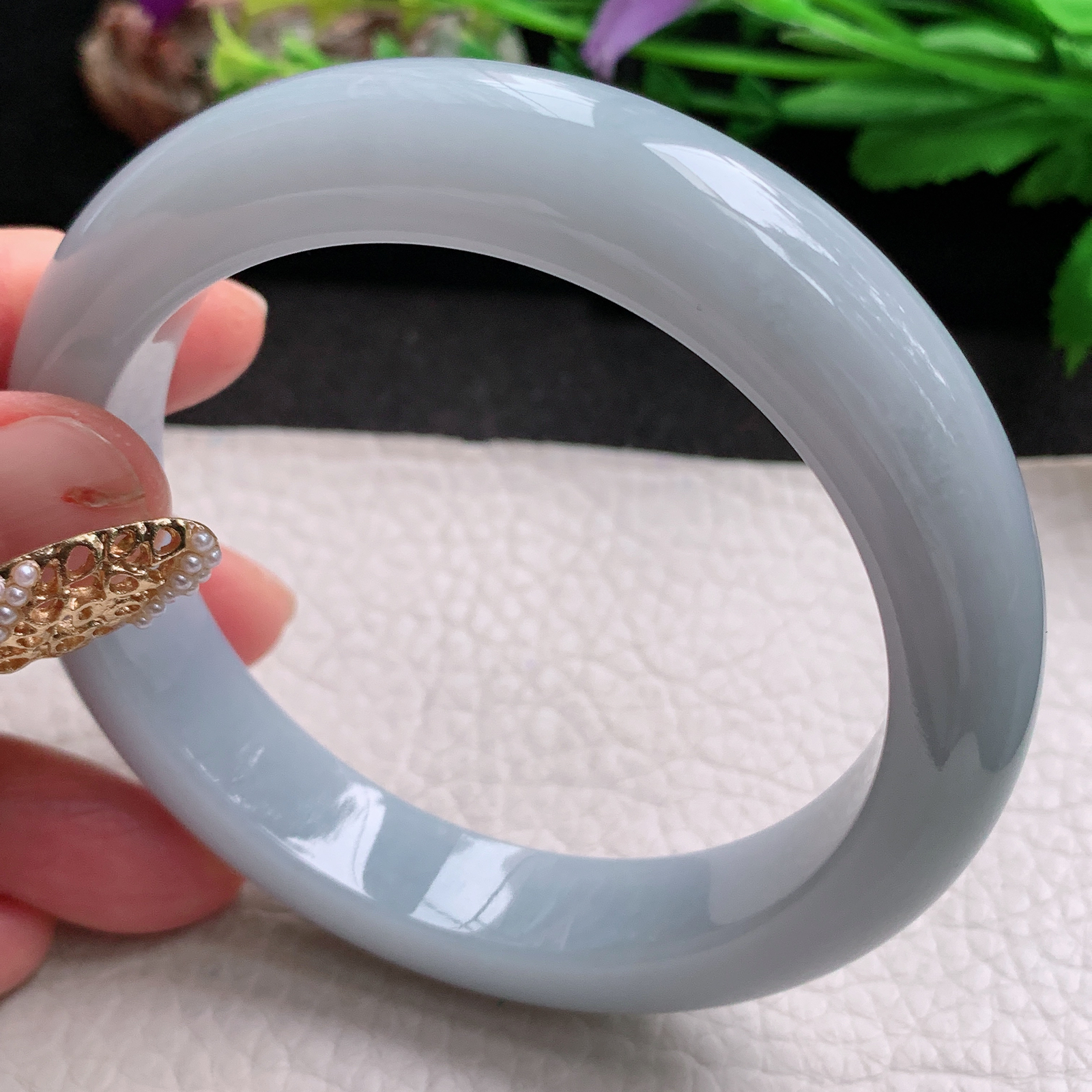 z大圈口61*13*9.6平安镯 天然缅甸翡翠a货手镯淡紫大气厚装正圈玉镯子