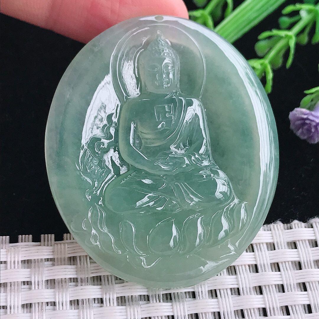 实拍a货翡翠49.7/42.5/6老坑冰胶果冻冰晴绿大日如来佛祖吊坠翡翠玉坠挂件