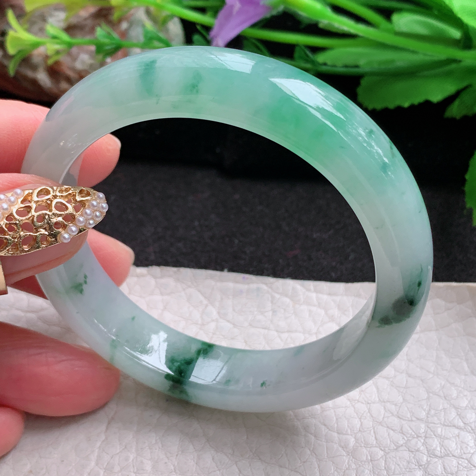 yh小圈口52*12.5*8平安镯 天然缅甸翡翠a货手镯冰润飘绿正圈玉镯子