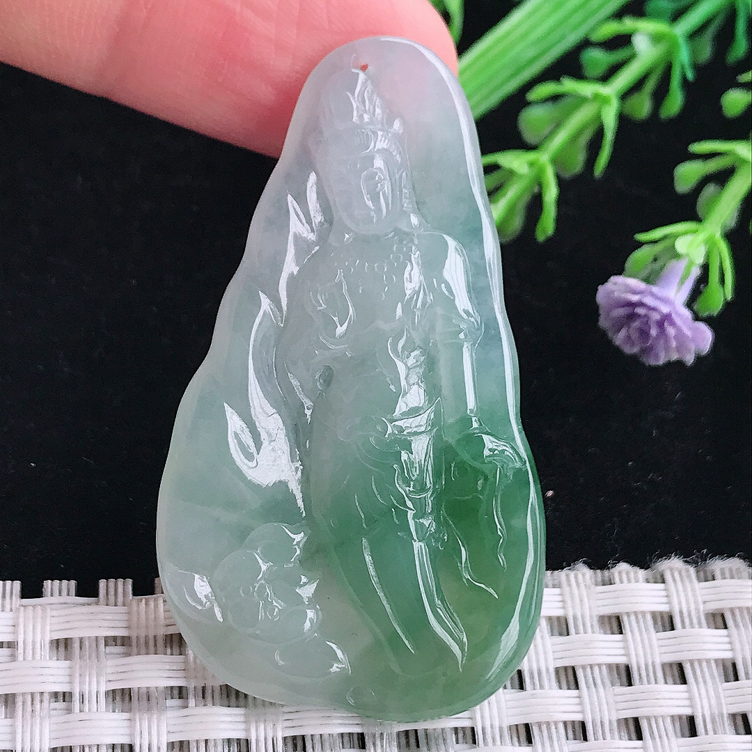 实拍a货翡翠49.5/28.3/5.8老坑冰润起胶飘花赐福观音吊坠翡翠玉坠挂件