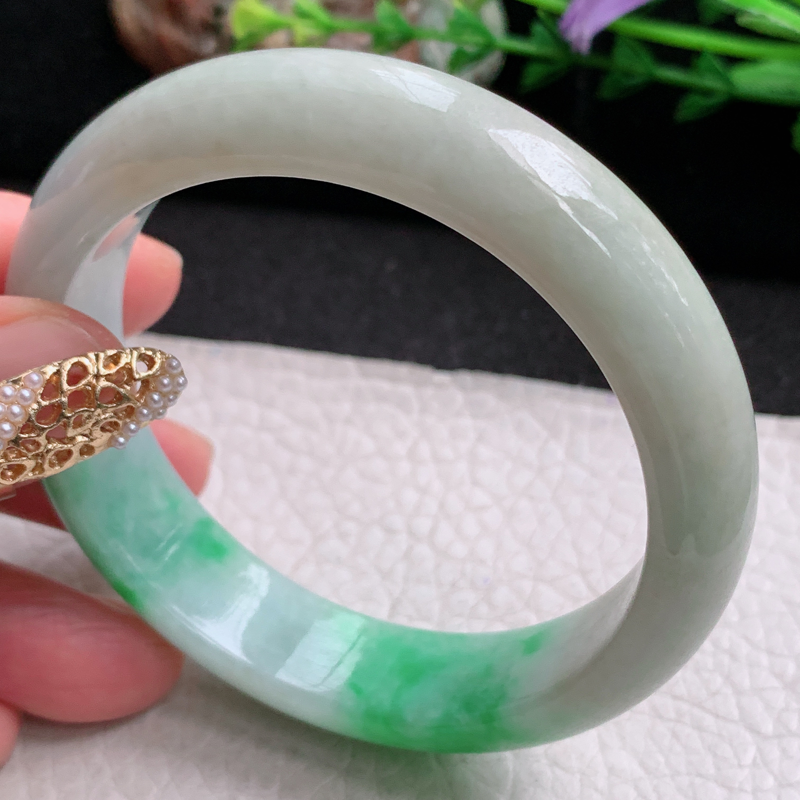 fx实拍55.8*14*8平安镯 天然缅甸翡翠a货手镯飘绿大气正圈玉镯子