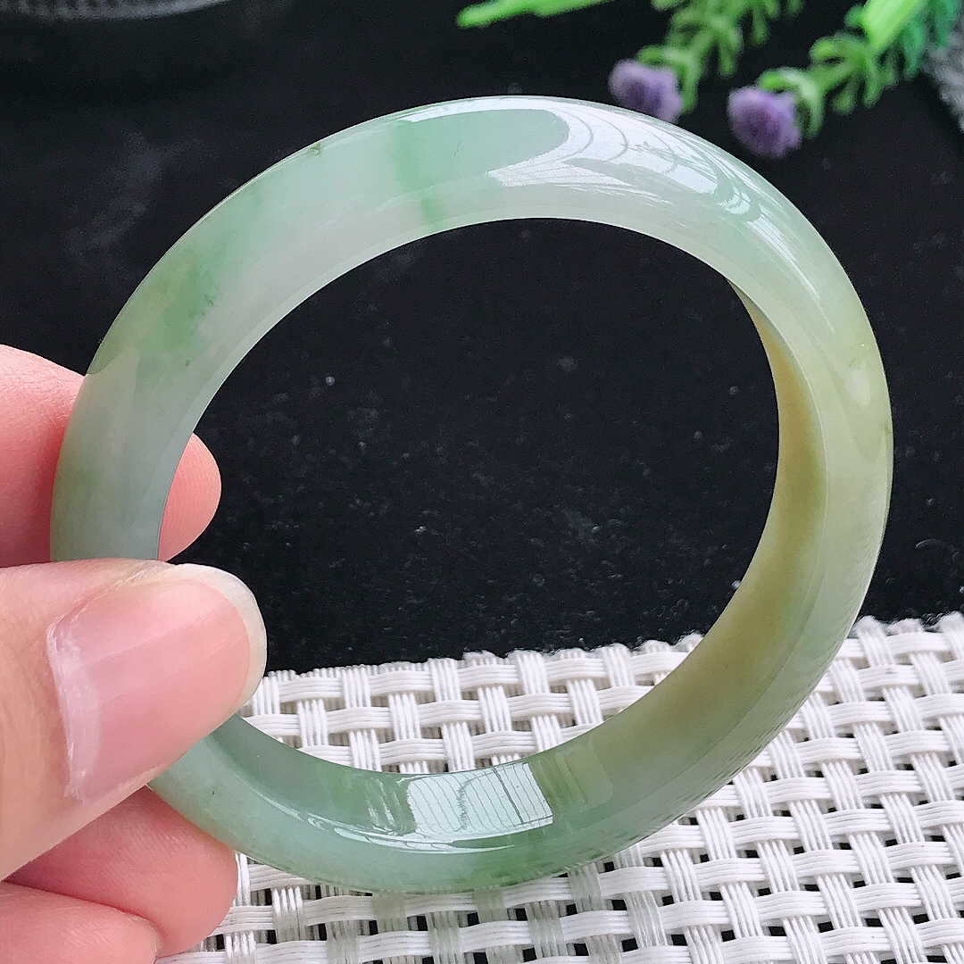 实拍A货翡翠52/11.2/7.5老坑冰胶果冻飘花黄翡手镯宽边玉镯平安镯