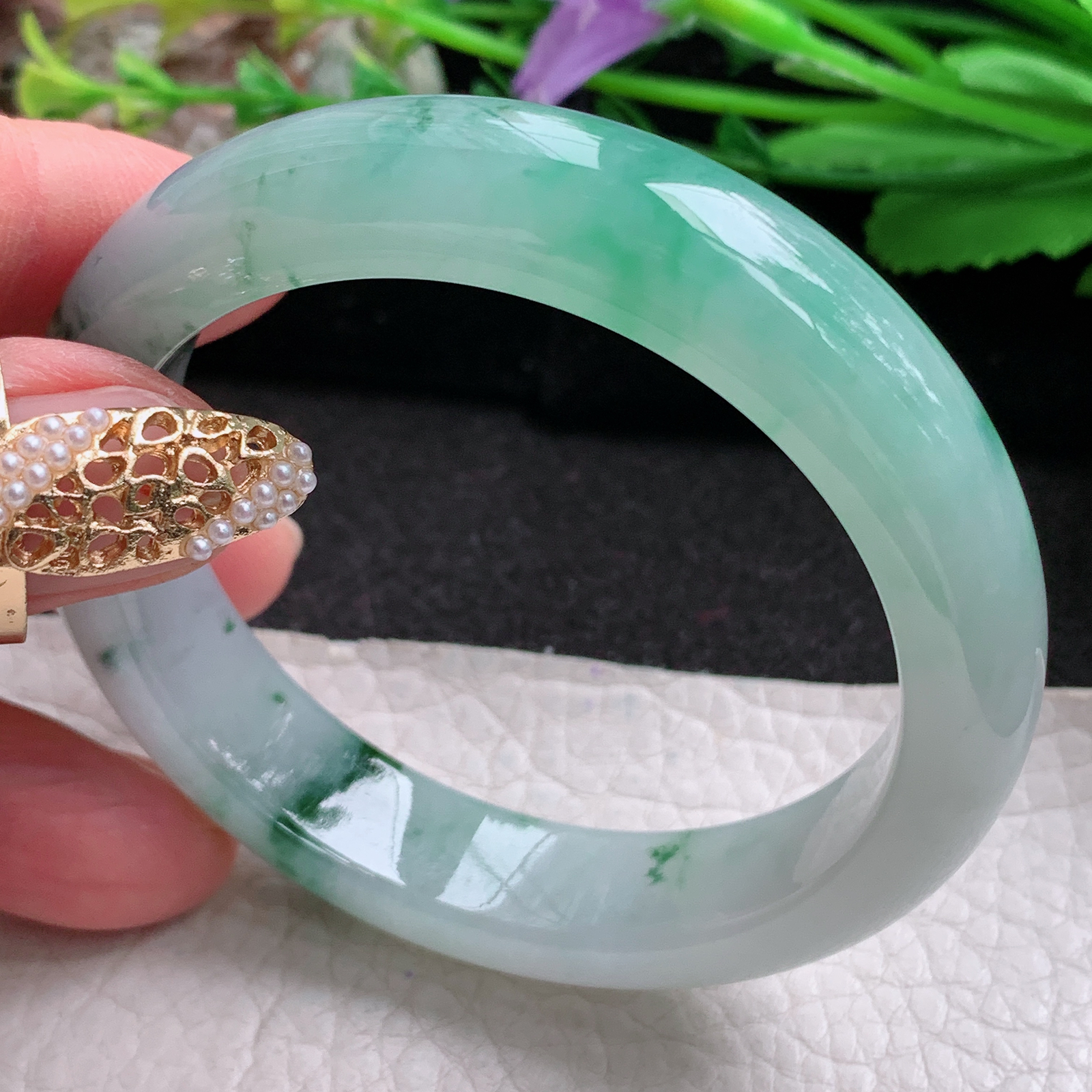 yh小圈口52*12.5*8平安镯 天然缅甸翡翠a货手镯冰润飘绿正圈玉镯子