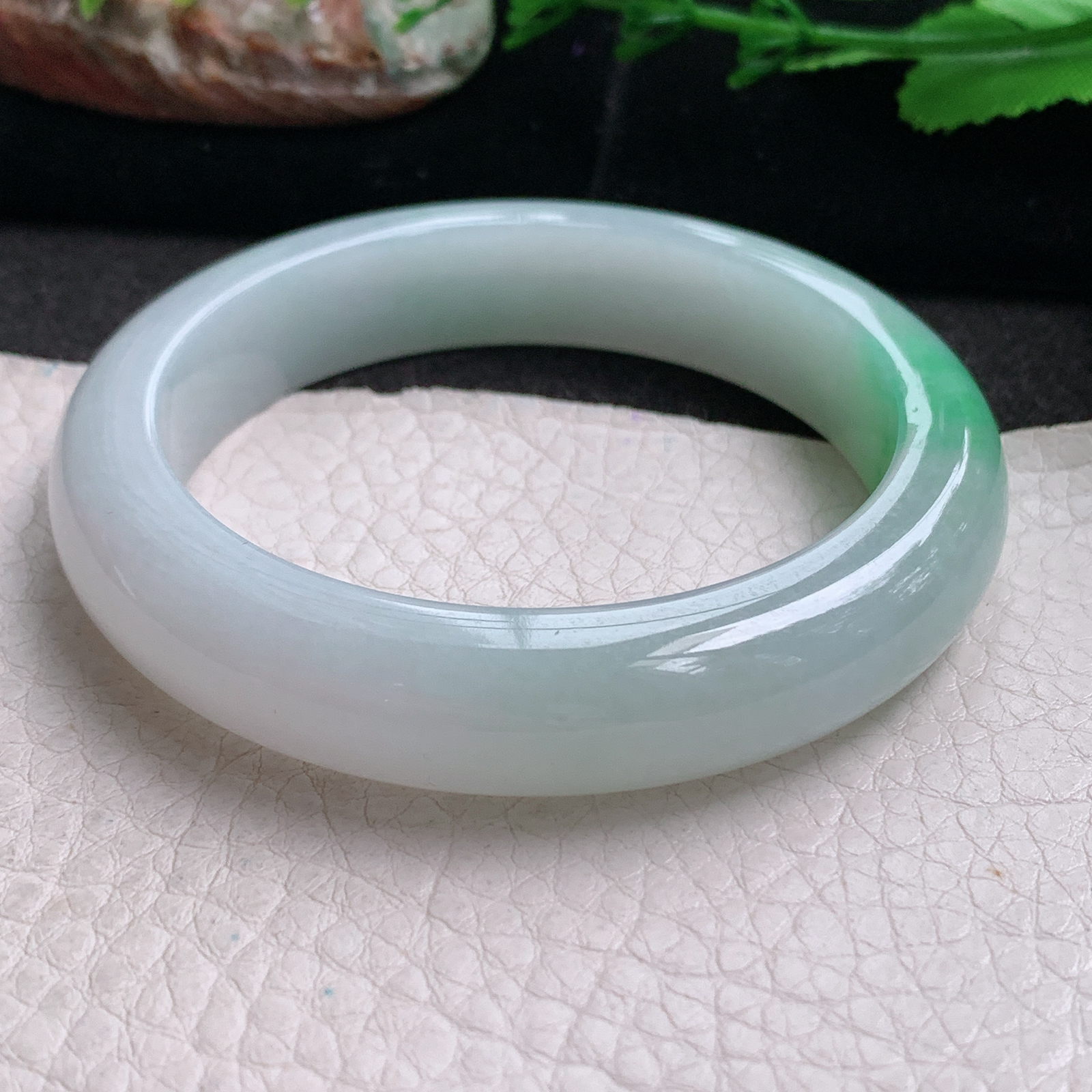 fx实拍53.5*12*8.5平安镯 天然缅甸翡翠a货手镯白底青飘绿正圈玉镯子