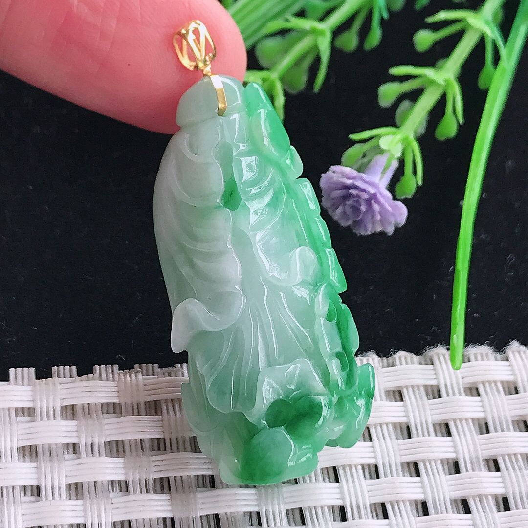 实拍a货翡翠39.8/18.5/14.5老坑18k金镶嵌精美飘绿白菜吊坠翡翠玉坠挂件