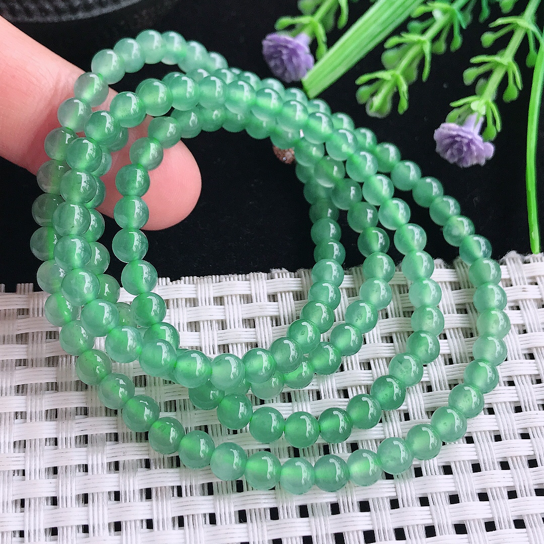 自然光5/138颗老坑冰透起胶满绿冰晴绿项链翡翠珠链百搭