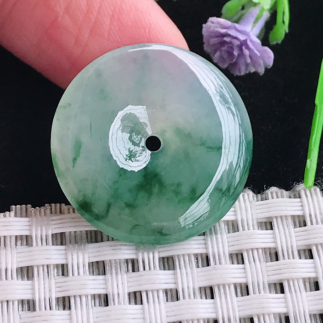 实拍天然a货翡翠24.2/4.5老坑冰胶果冻冰飘花平安扣吊坠翡翠玉坠挂件