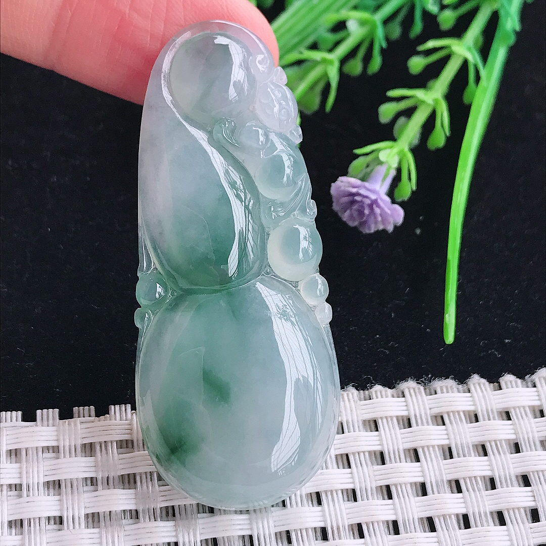 实拍a货翡翠54.7/23/6.3老坑冰胶飘花葫芦吊坠翡翠玉坠挂件