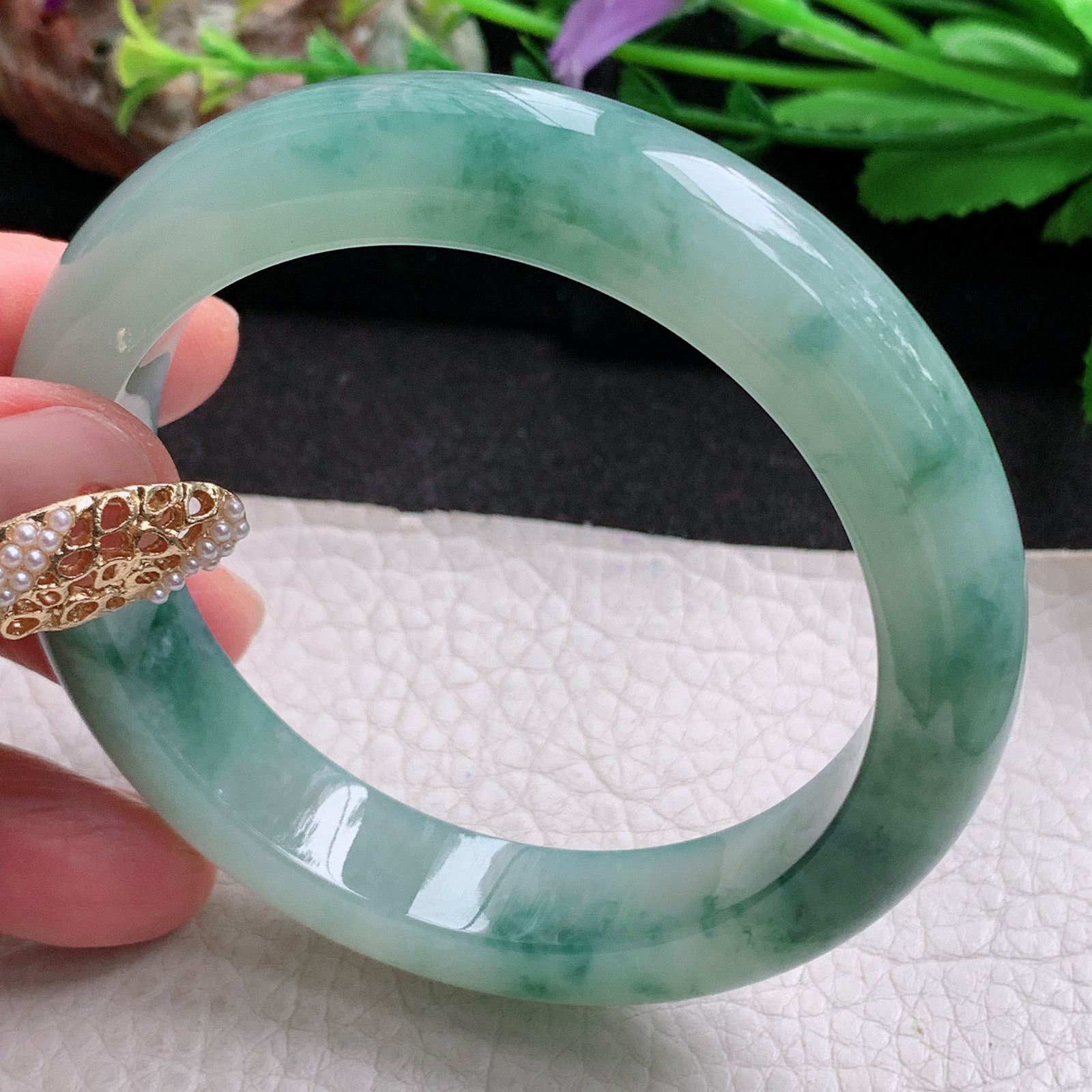 xc实拍58*12.6*9.2平安镯 天然缅甸翡翠a货手镯冰飘花厚装正圈玉镯子