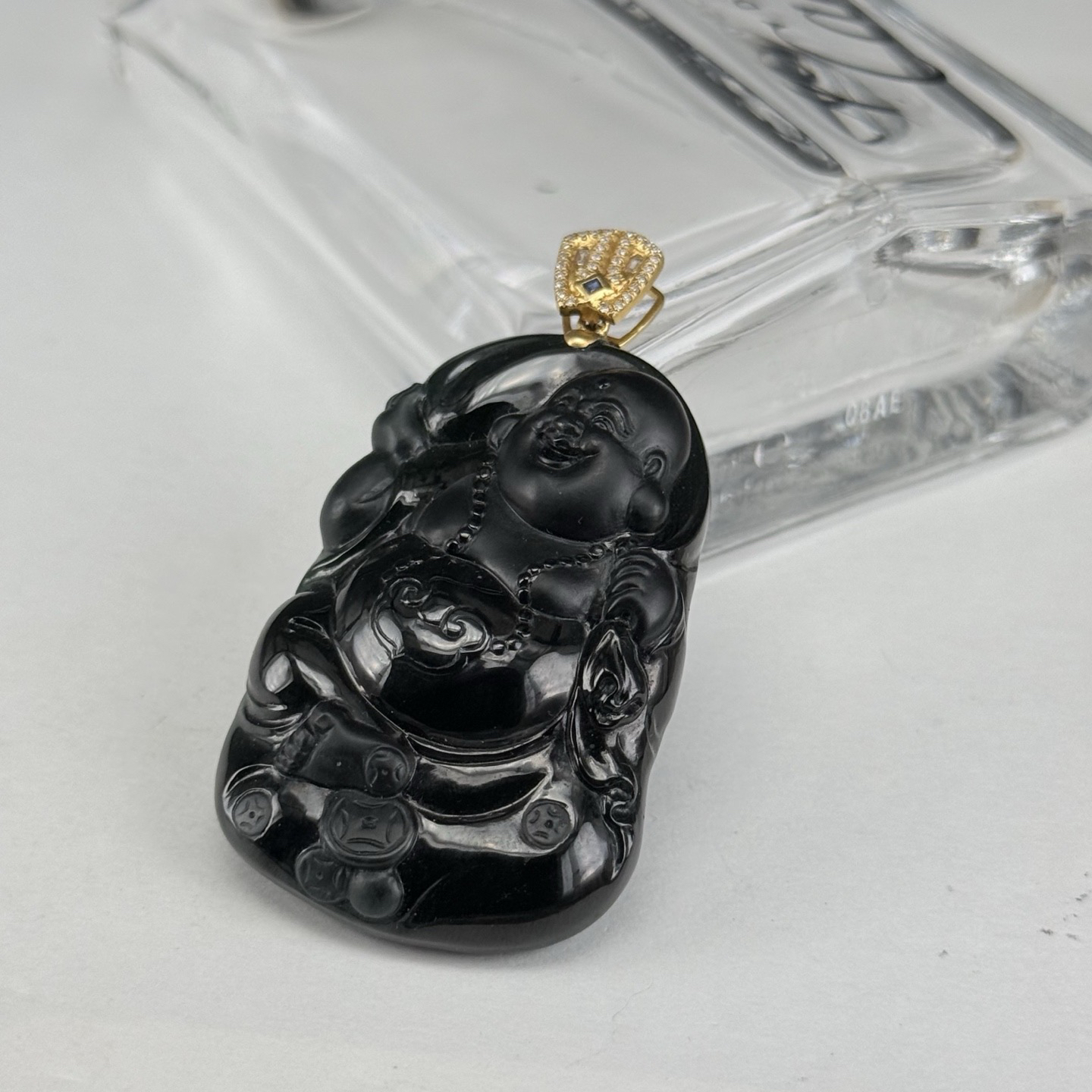 精品18k墨翠逍遥佛 种好色正 黑度极好 打灯通透 油性十足  尺寸52.1