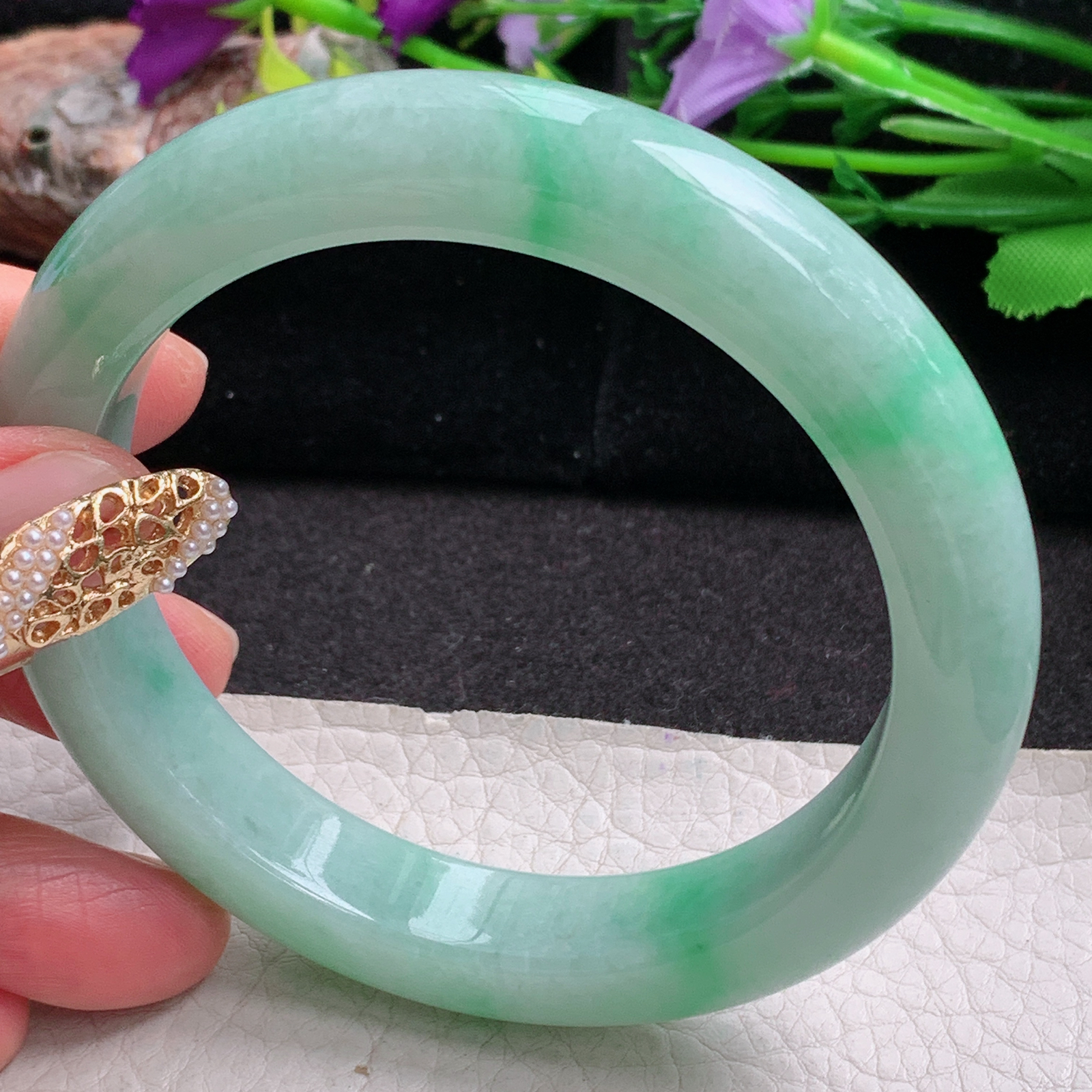 nr大圈口61.5*12.2*10平安镯 天然缅甸翡翠a货手镯飘绿水润大气玉镯子