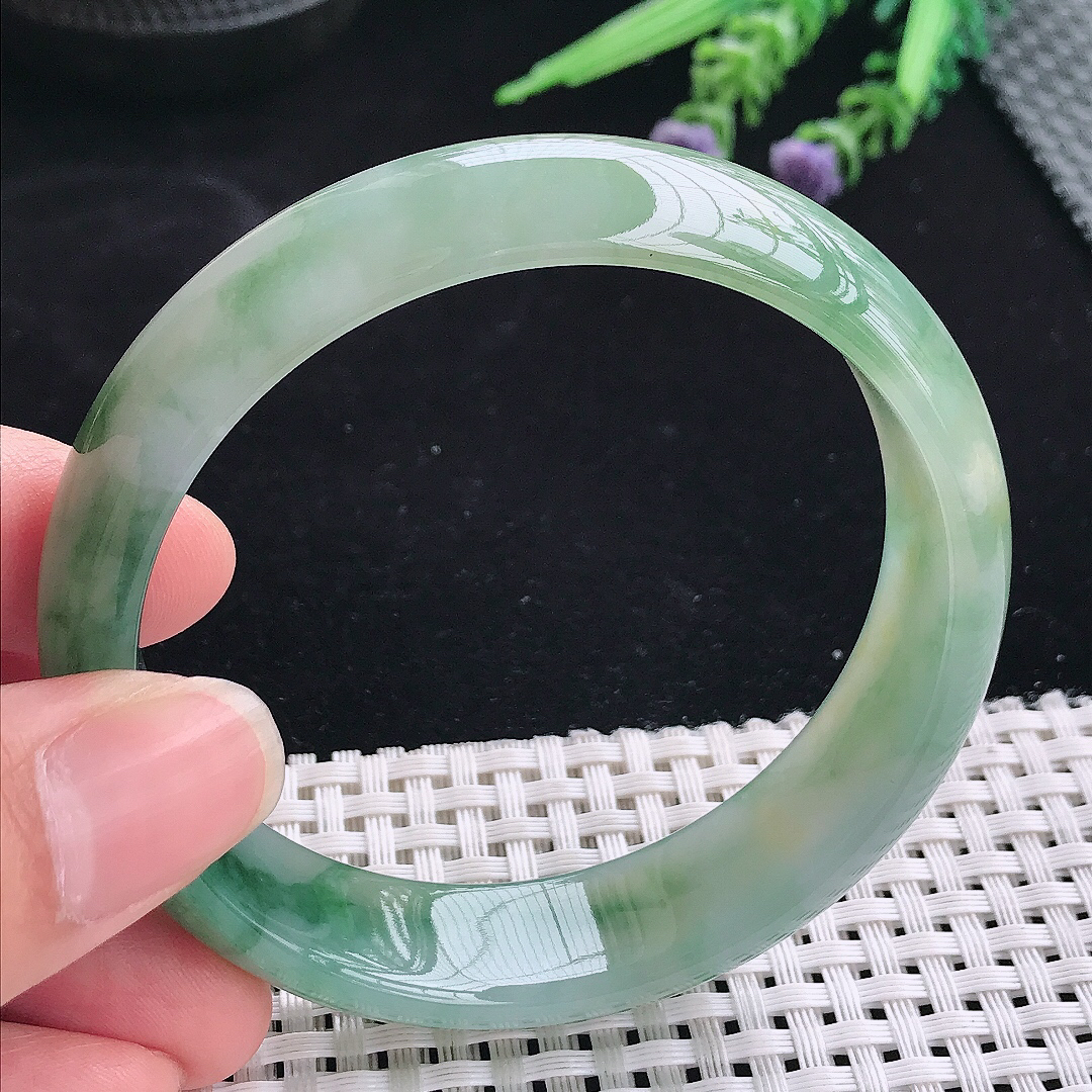 实拍A货翡翠59.5/15.9/7.3老坑冰胶飘花轮胎手镯宽边玉镯平安镯