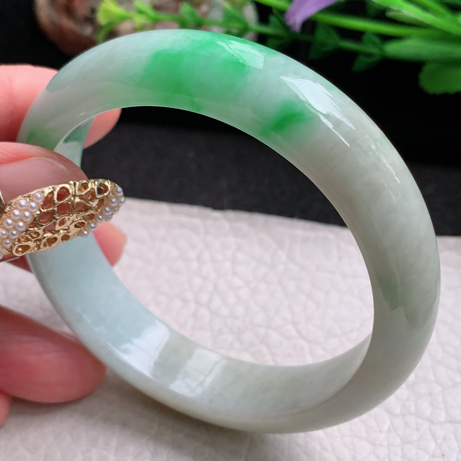 fx实拍55.8*14*8平安镯 天然缅甸翡翠a货手镯飘绿大气正圈玉镯子
