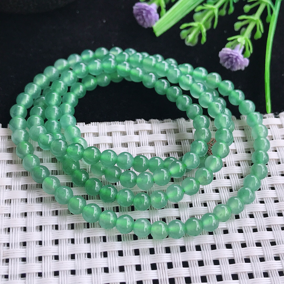 自然光5/138颗老坑冰透起胶满绿冰晴绿项链翡翠珠链百搭