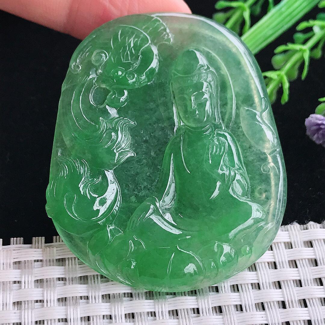 实拍a货翡翠55/46.5/5老坑冰透冰阳绿满绿观音菩萨吊坠翡翠玉坠挂件